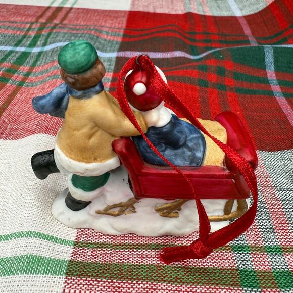 R.O.C. Ceramic Man Pushing Woman In Sled Christmas Village Ornament - Picture 2 of 2